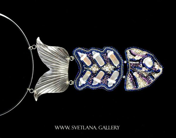 Pearly Fish Statement Necklace - freshwater pearls, seed bead embroidery