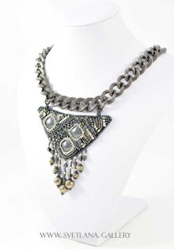 Tribal Metal Necklace Hematite Pyrite Bead Embroidery