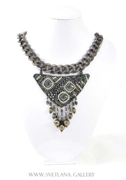 Tribal Metal Necklace Hematite Pyrite Bead Embroidery
