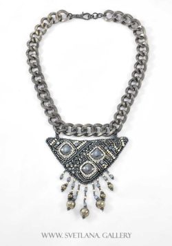 Tribal Metal Necklace Hematite Pyrite Bead Embroidery