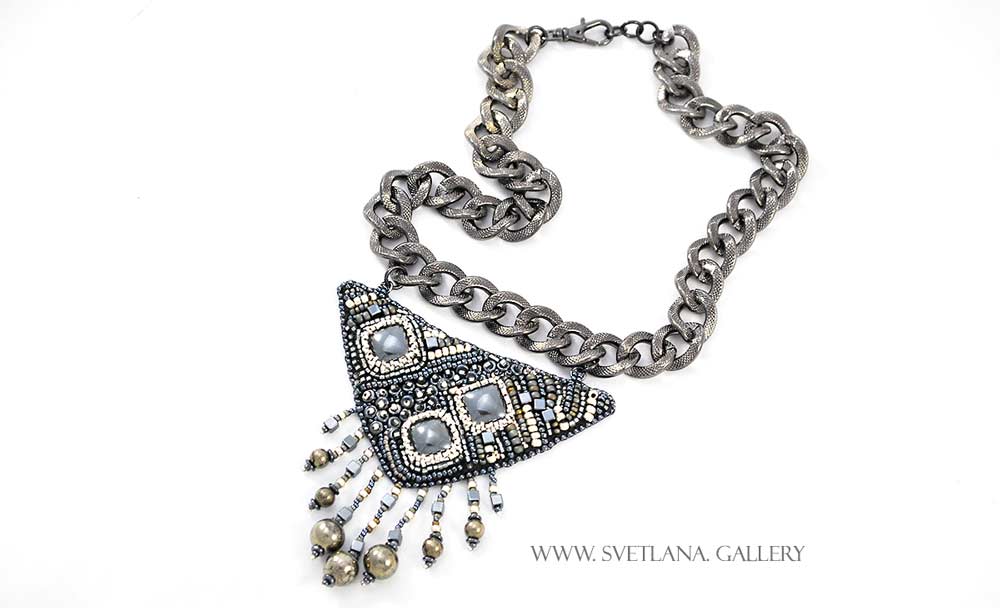 Tribal Metal Necklace - hematite, pyrite and seed bead embroidery.