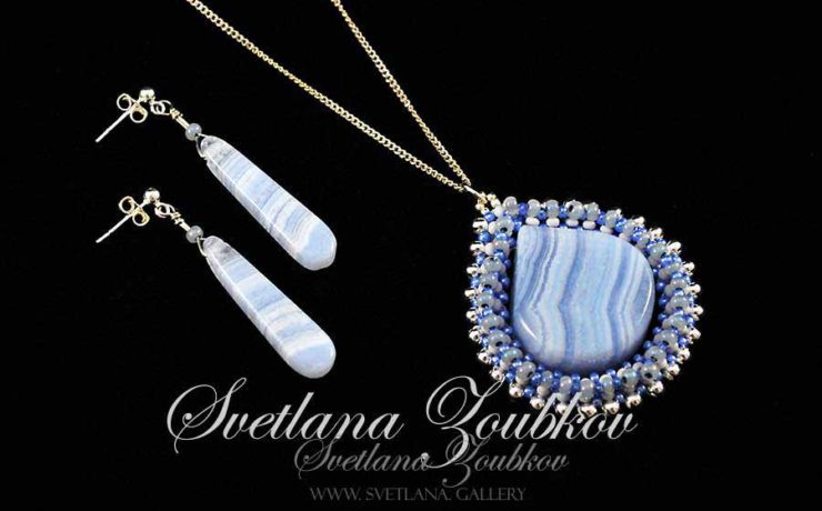 Blue Lace Agate Pendant and Earrings Set