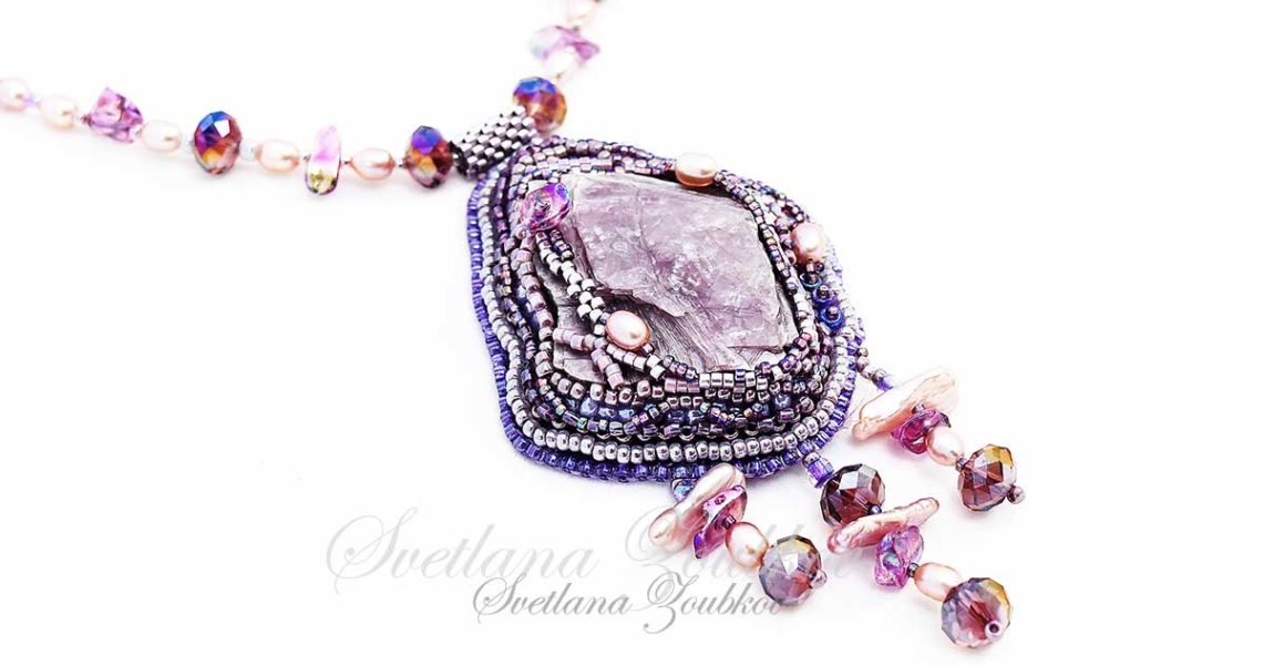 Lepidolite Necklace Bead Embroidery Free-form Design by Svetlana