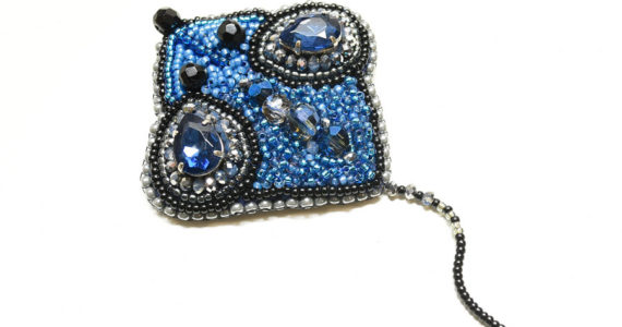 Blue Beaded Mouse Brooch