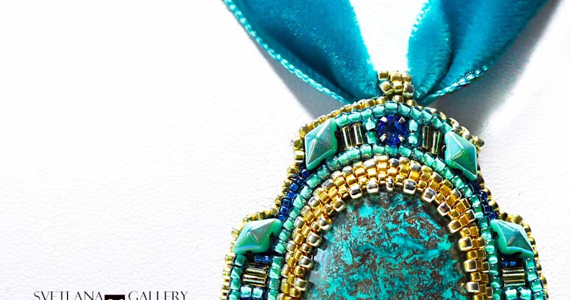 Turquoise Gold Pendant Bead Embroidery