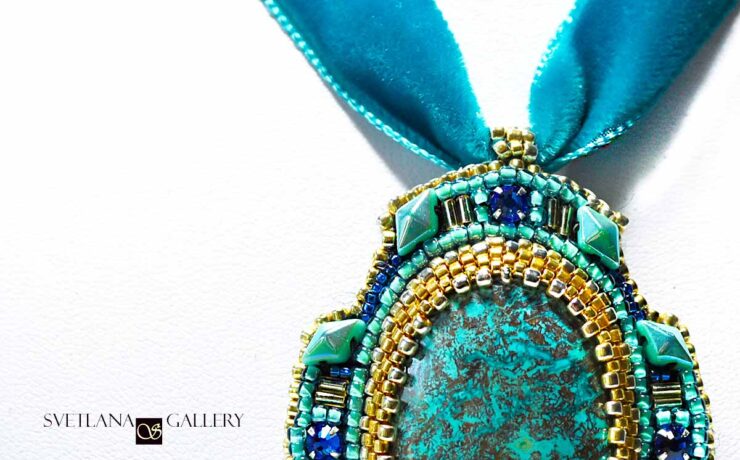 Turquoise Gold Pendant Bead Embroidery